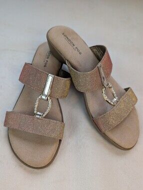 London Fog Collection Women's Rose Gold Metallic Slide Sandals Rhinestones 6.5